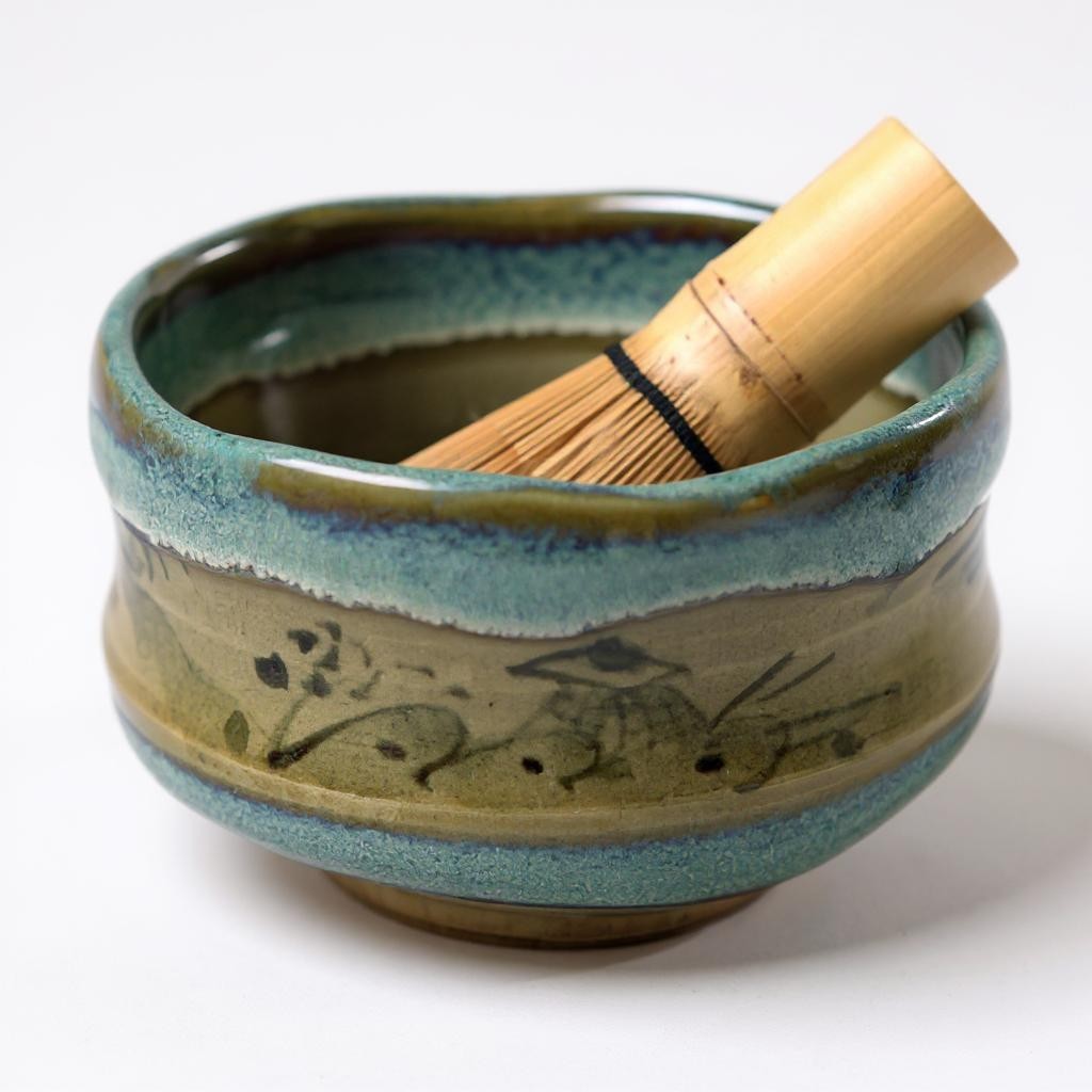 Handmade Matcha Bowl – Green Glaze Landscape Chawan from Mino