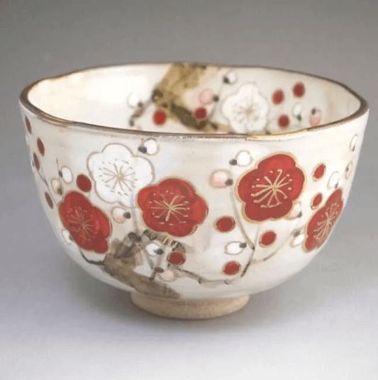 Decorative ZENERGY Japanese matcha bowl with floral designs and intricate detailing