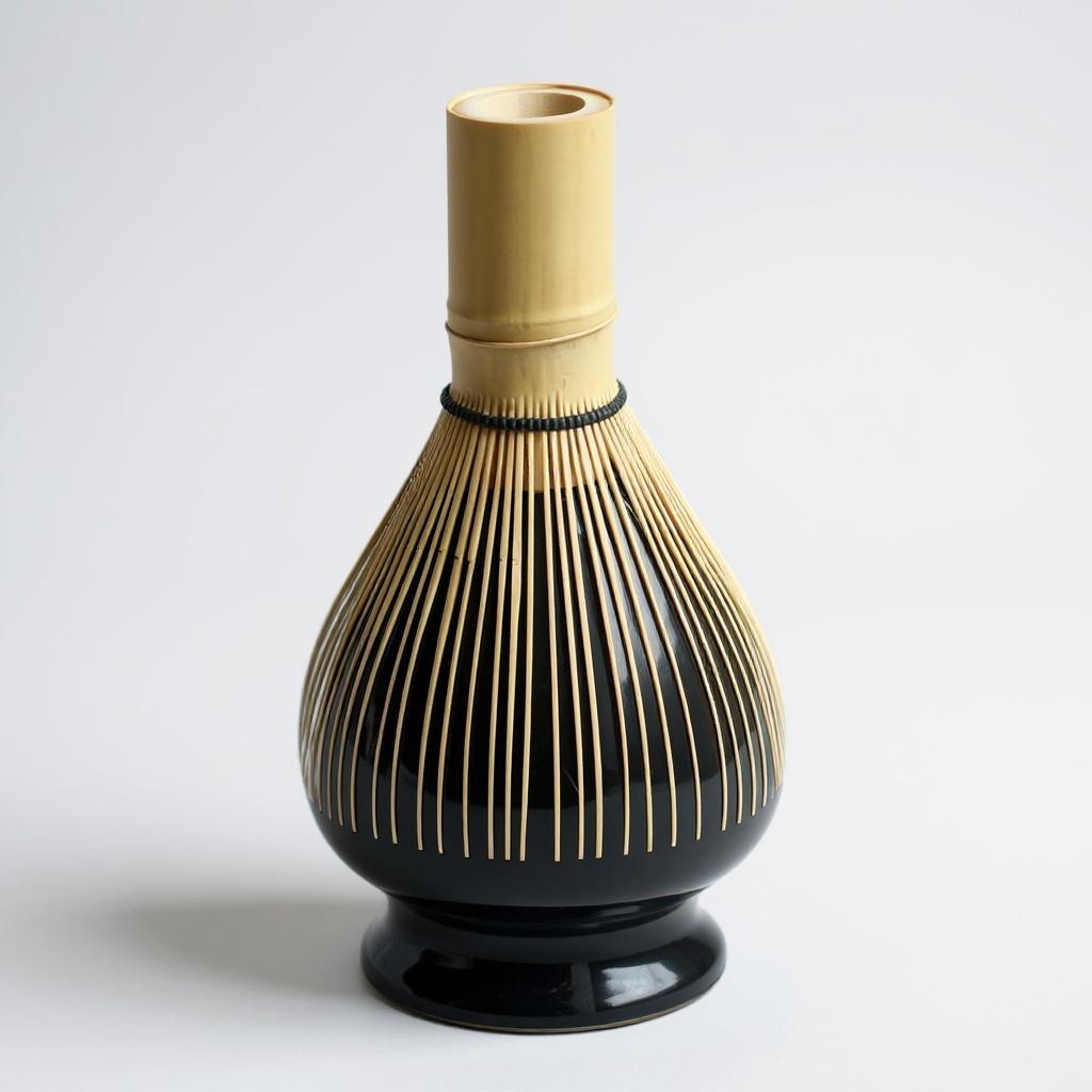 ZENERGY master-grade matcha whisk with fine bamboo tines in black stand for traditional tea preparation