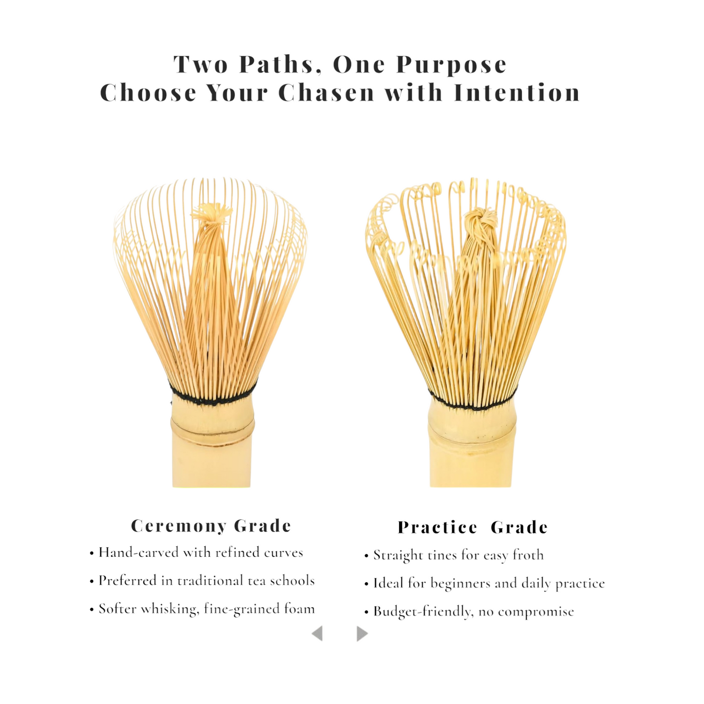 ZENERGY master-grade matcha whisk showing ceremony grade and practice grade bamboo whisks side by side