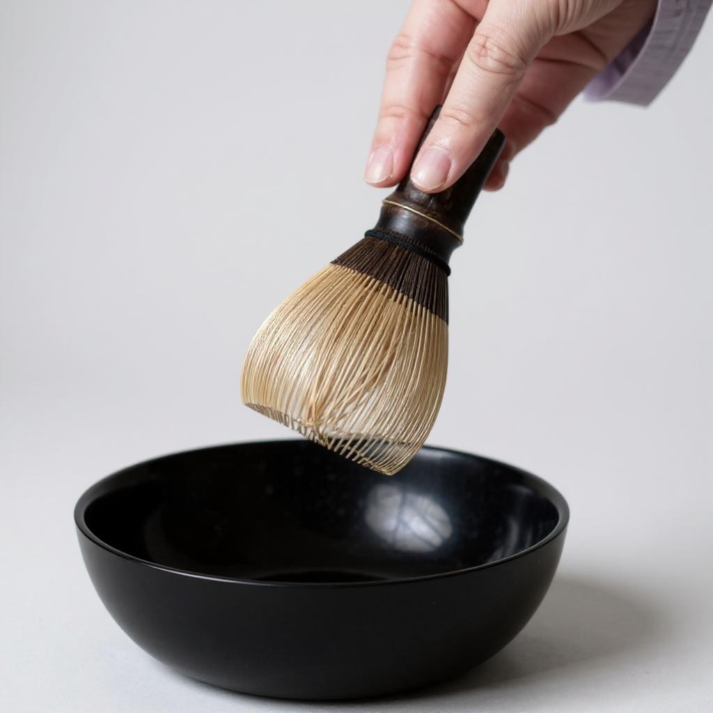 ZENERGY master-grade matcha whisk with bamboo bristles held above a black bowl for traditional tea preparation