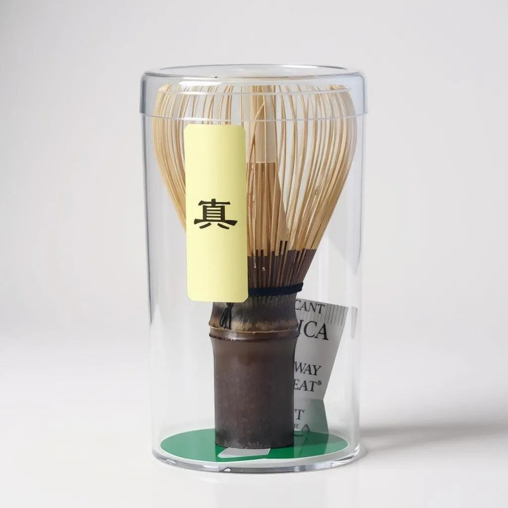 ZENERGY master-grade matcha whisk in clear protective case for traditional tea preparation