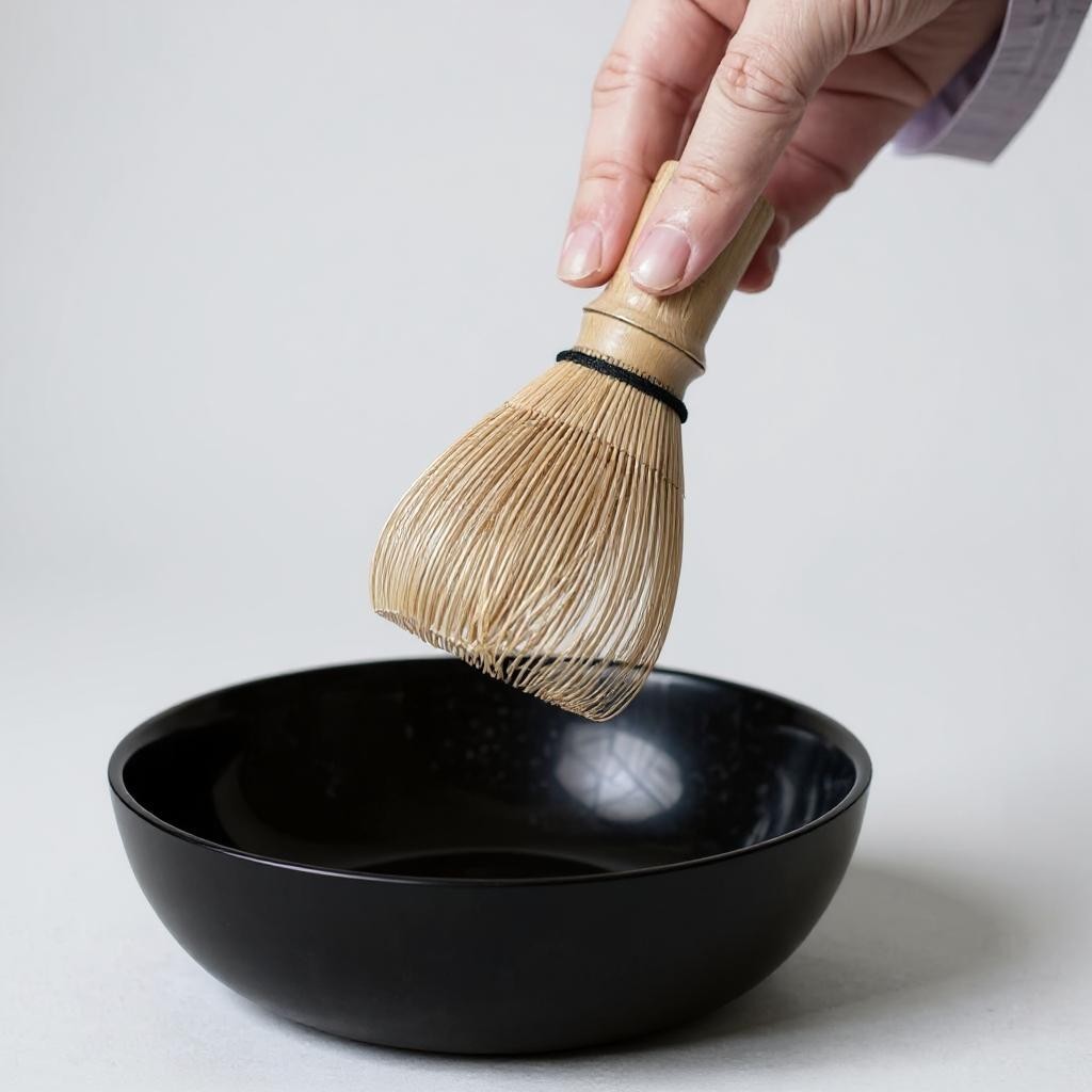 ZENERGY master-grade matcha whisk held above black bowl for traditional tea preparation