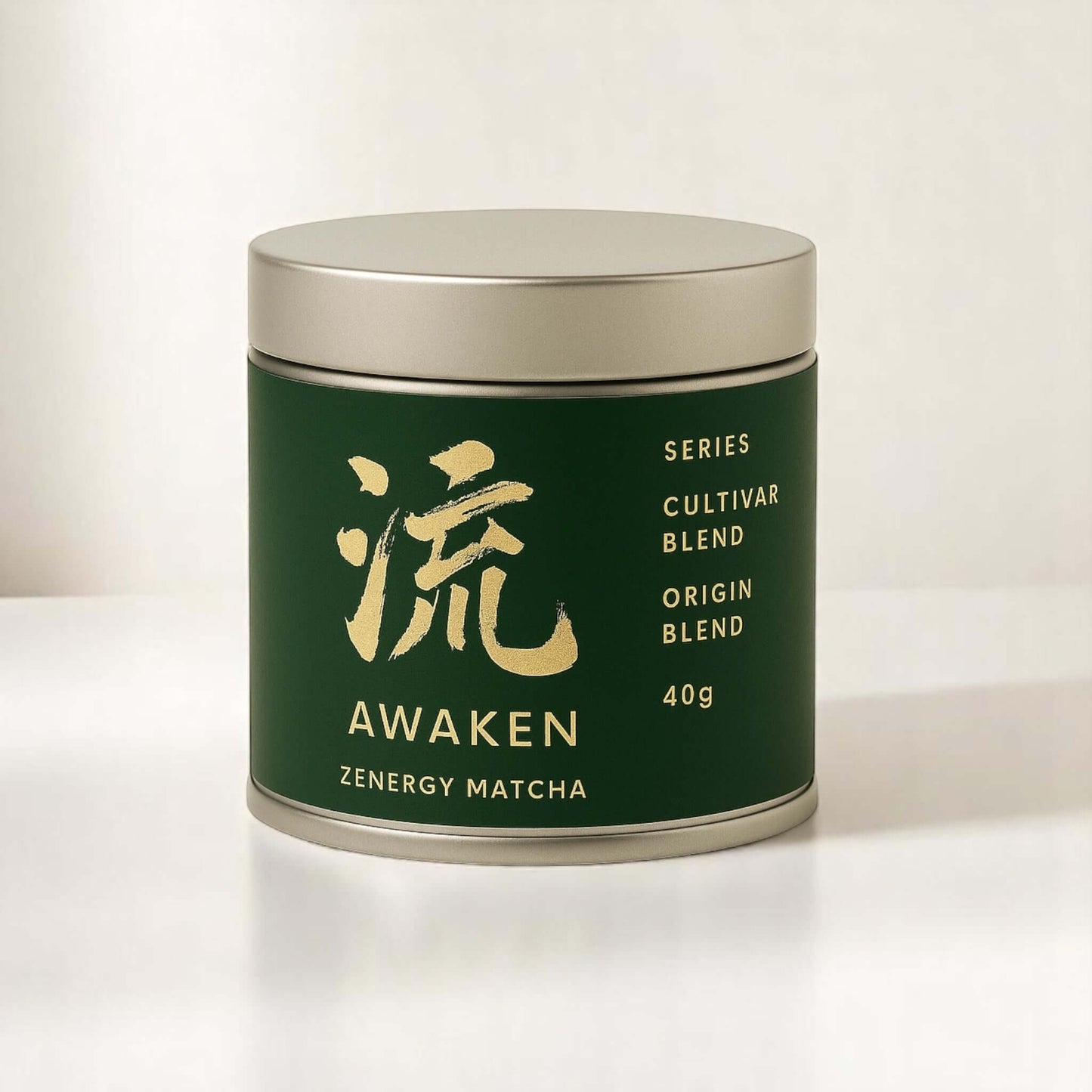 ZENERGY TEA Awaken Ceremonial Matcha 40g Tin with Green Design and Gold Label