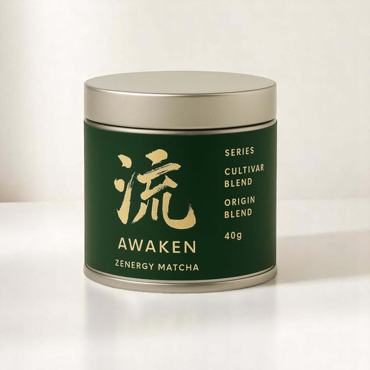 ZENERGY TEA Awaken Ceremonial Matcha 40g Tin with Green Design and Gold Label