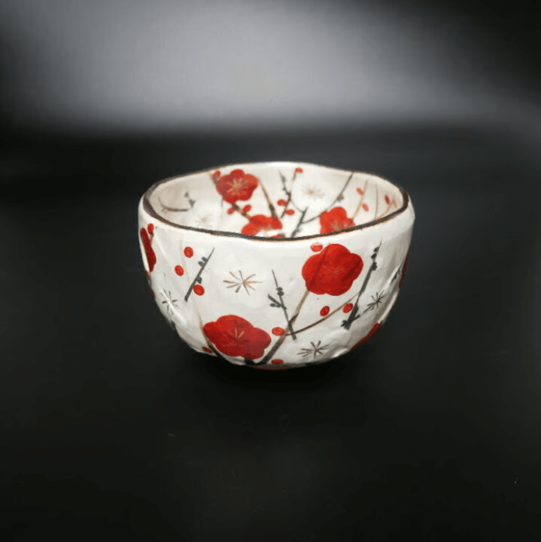 ZENERGY Japanese matcha bowl featuring a beautiful red floral design on a white background