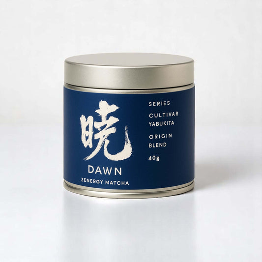 Zenergy Tea Dawn Matcha Powder in a 40g tin featuring Yabukita cultivar for an authentic tea experience